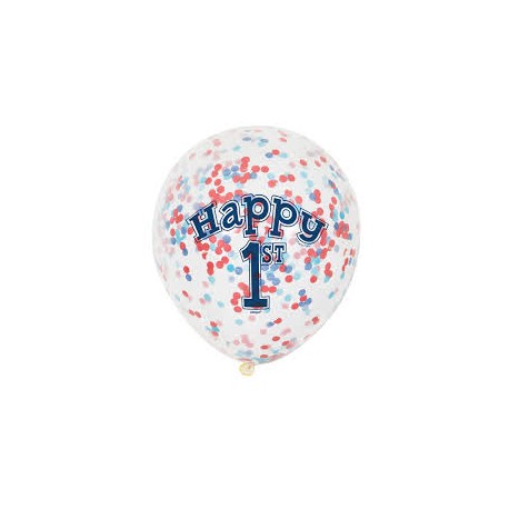 First Birthday Blue and Red Confetti Balloons