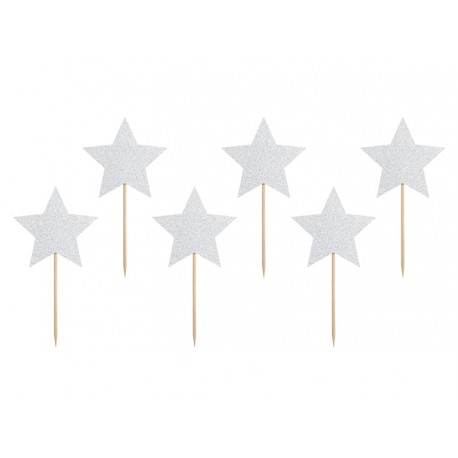 Silver Glittery Stars Toppers - 6 pieces