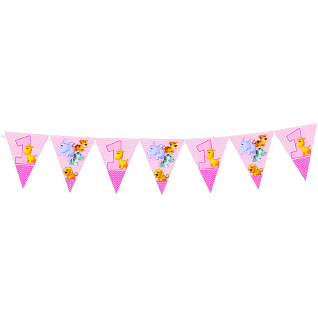 Little Animals Pink 1st Birthday Flags Banner